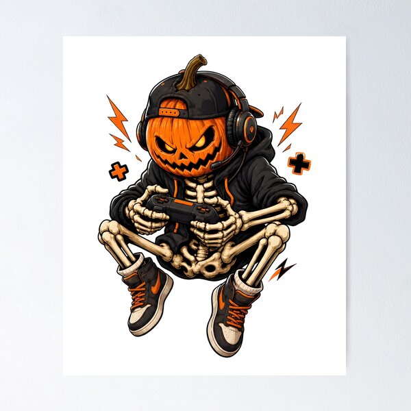 Item preview, Spooky Gamer Skeleton Pumpkin Head Headphones Controller designed and sold by Dmo3HarkoArt.