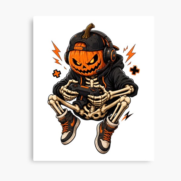 Item preview, Spooky Gamer Skeleton Pumpkin Head Headphones Controller designed and sold by Dmo3HarkoArt.