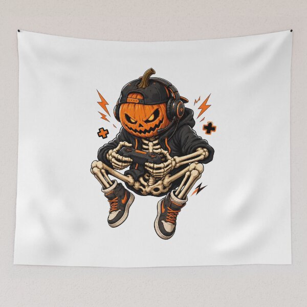 Item preview, Spooky Gamer Skeleton Pumpkin Head Headphones Controller designed and sold by Dmo3HarkoArt.
