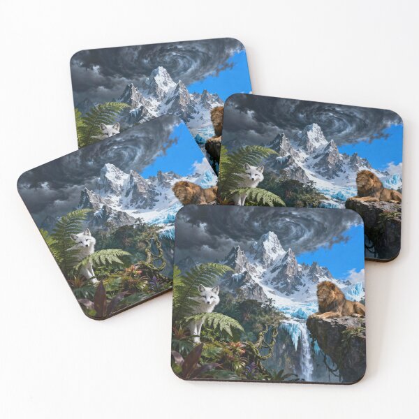Item preview, Lion and Arctic Wolf in a United World of Forest, Waterfall and Mountain Harmony designed and sold by FotoworldEdel.