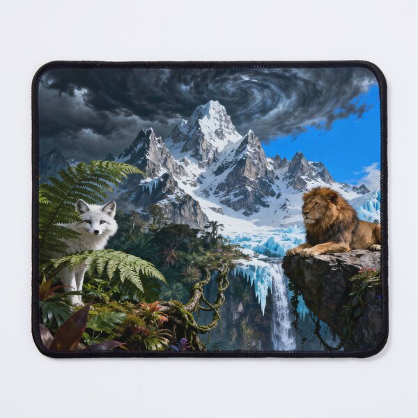 Item preview, Lion and Arctic Wolf in a United World of Forest, Waterfall and Mountain Harmony designed and sold by FotoworldEdel.