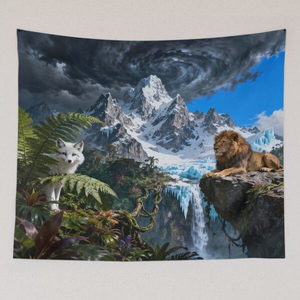 Item preview, Lion and Arctic Wolf in a United World of Forest, Waterfall and Mountain Harmony designed and sold by FotoworldEdel.