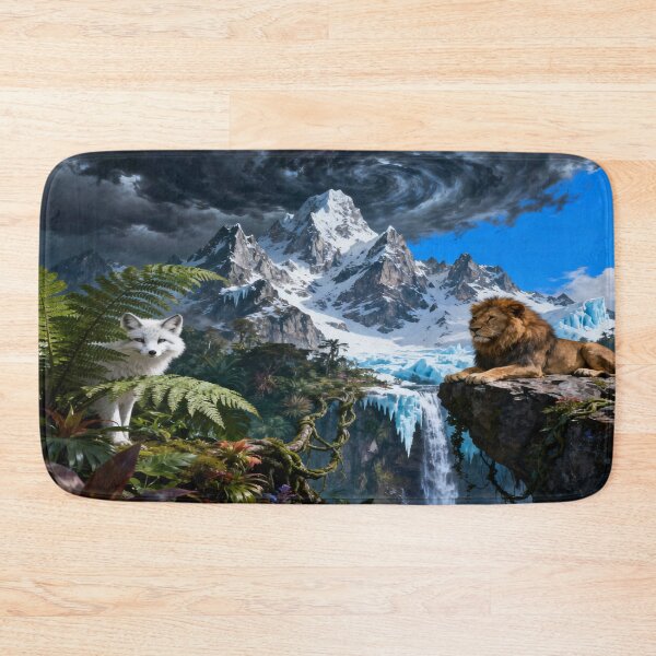 Item preview, Lion and Arctic Wolf in a United World of Forest, Waterfall and Mountain Harmony designed and sold by FotoworldEdel.