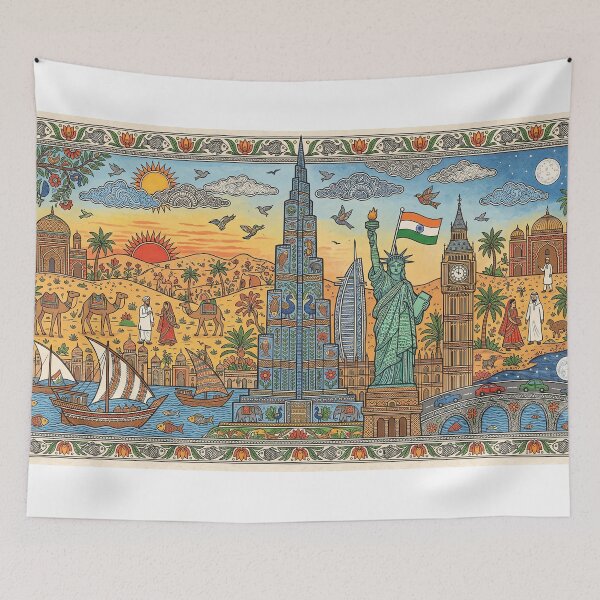 Item preview, Global Horizons - Burj Khalifa & World Landmarks Madhubani Fusion designed and sold by robertronda1.