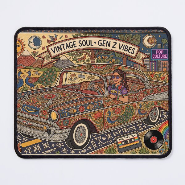 Item preview, Vintage Soul Gen Z Vibes - Retro Classic Car Madhubani Fusion Art designed and sold by robertronda1.