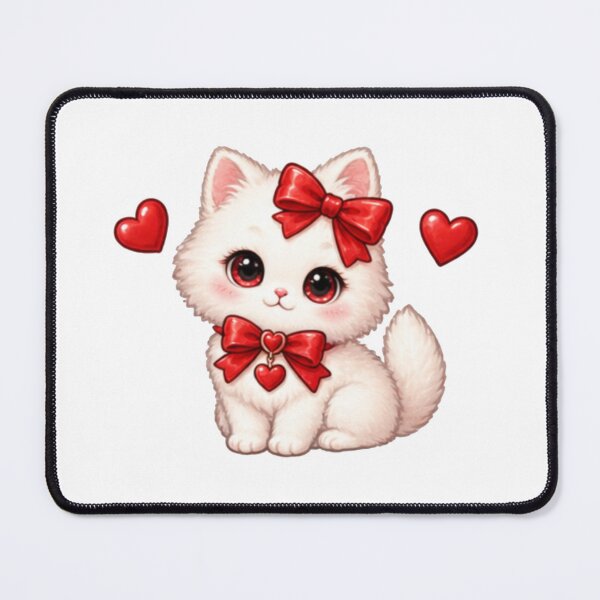 Item preview, Cute White Cat with Red Bows – Kawaii Love Cat designed and sold by Kiralemon.
