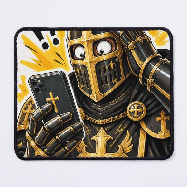 Item preview, Surprised Christian Knight with Smartphone Hand Drawn Artwork Print designed and sold by GrinGalore.