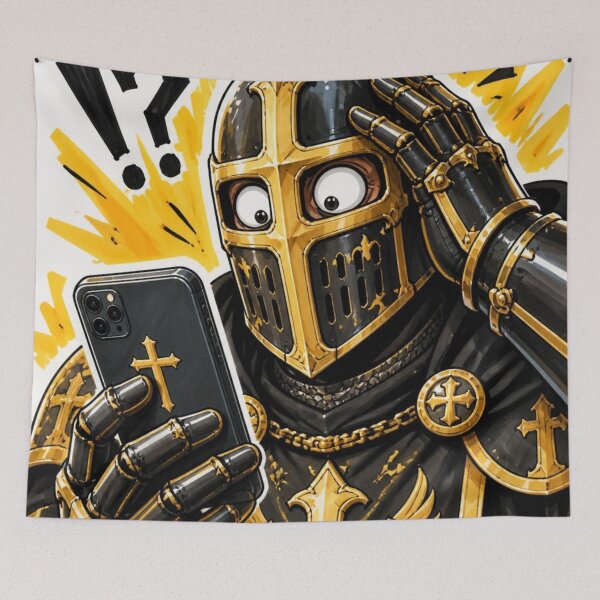 Item preview, Surprised Christian Knight with Smartphone Hand Drawn Artwork Print designed and sold by GrinGalore.