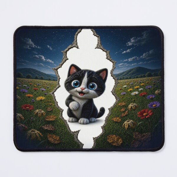 Item preview, Cute Tuxedo Cat in Starry Flower Field - 3D Ripped Paper Art designed and sold by Breezes-of-Ida.