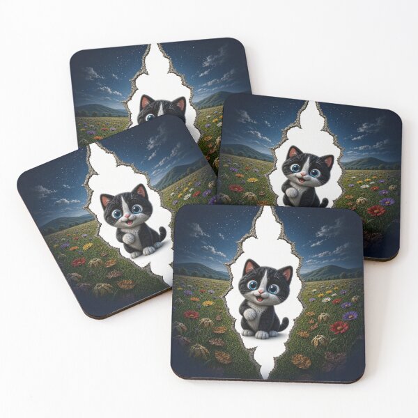 Item preview, Cute Tuxedo Cat in Starry Flower Field - 3D Ripped Paper Art designed and sold by Breezes-of-Ida.