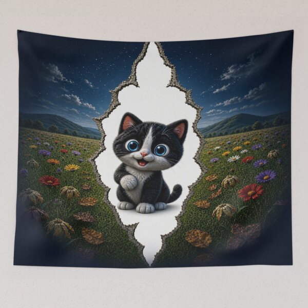 Item preview, Cute Tuxedo Cat in Starry Flower Field - 3D Ripped Paper Art designed and sold by Breezes-of-Ida.