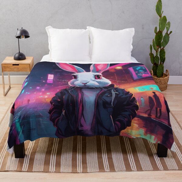 Item preview, Neon Street Rabbit in Black Jacket at Night designed and sold by MarmaLoft.