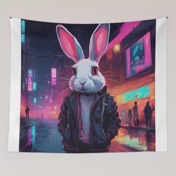 Item preview, Neon Street Rabbit in Black Jacket at Night designed and sold by MarmaLoft.