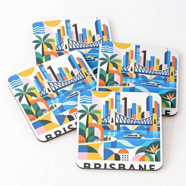 Item preview, Colorful geometric Brisbane travel poster featuring the skyline, designed and sold by ckybe.