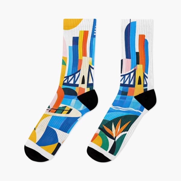 Item preview, Colorful geometric Brisbane travel poster featuring the skyline, designed and sold by ckybe.