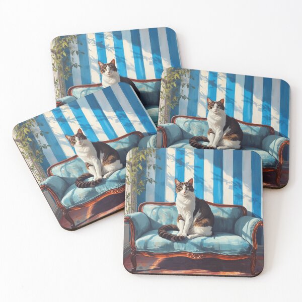 Item preview, Cat sitting on blue stripped sofa  designed and sold by Anisha  Vaz.