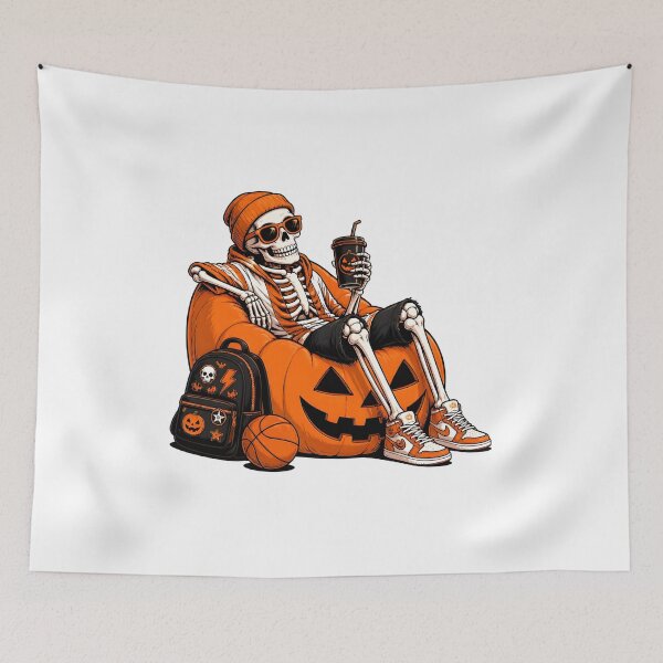 Item preview, Skeleton Playing basketball Relaxing on Pumpkin Halloween designed and sold by Dmo3HarkoArt.