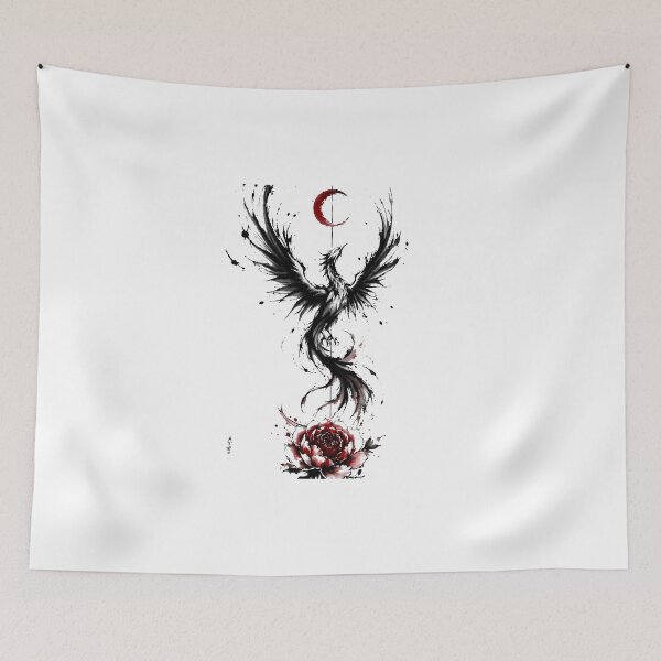 Aperçu de l'œuvre Black Ink Phoenix Japanese Brush Art Red Flower créée et vendue par Mystic & Celestial Art.