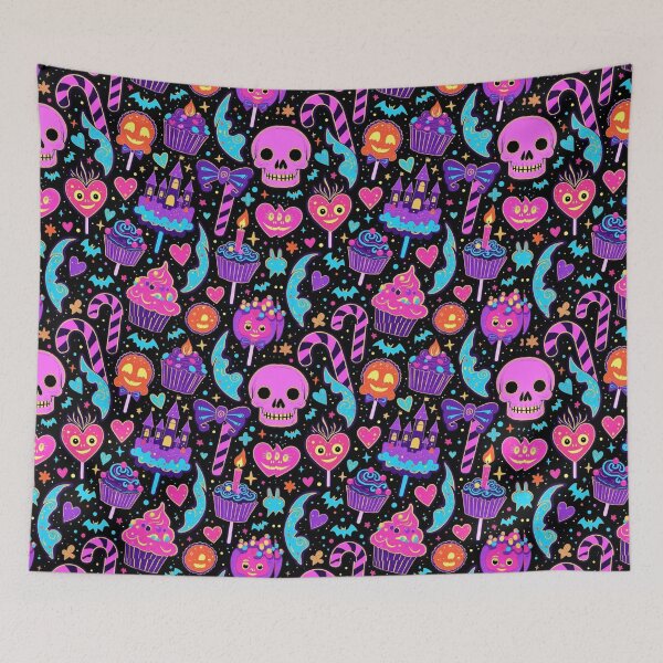 Item preview, Neon Gothic Candy Moon – Cute Halloween Skull & Cupcake Seamless Pattern designed and sold by Dream Bloom Gallery.
