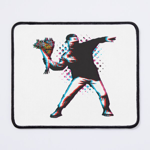 Item preview, Banksy Style Graffiti Art Featuring Anarchist Throwing Flowers with Retro Anaglyph Effect on Black Background designed and sold by richard143.