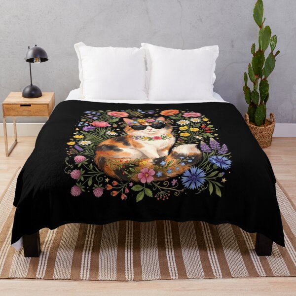 Item preview, Calico Cat with Sunglasses in Retro Wildflowers designed and sold by Fateh-Kro ⭐⭐⭐⭐⭐.