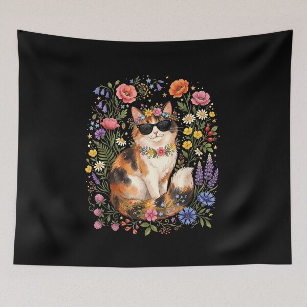 Item preview, Calico Cat with Sunglasses in Retro Wildflowers designed and sold by Fateh-Kro ⭐⭐⭐⭐⭐.
