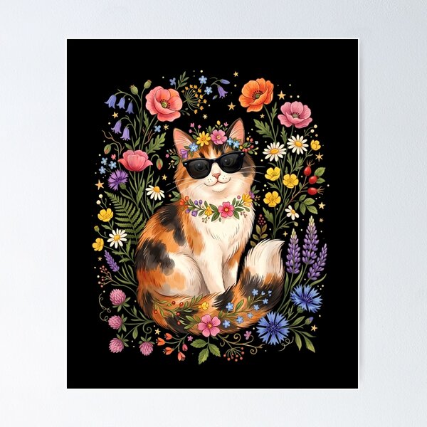 Item preview, Calico Cat with Sunglasses in Retro Wildflowers designed and sold by Fateh-Kro ⭐⭐⭐⭐⭐.