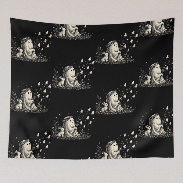 Item preview, Ghost Blowing Dandelion Wishes With Bunny Halloween Scene designed and sold by ostenlee.
