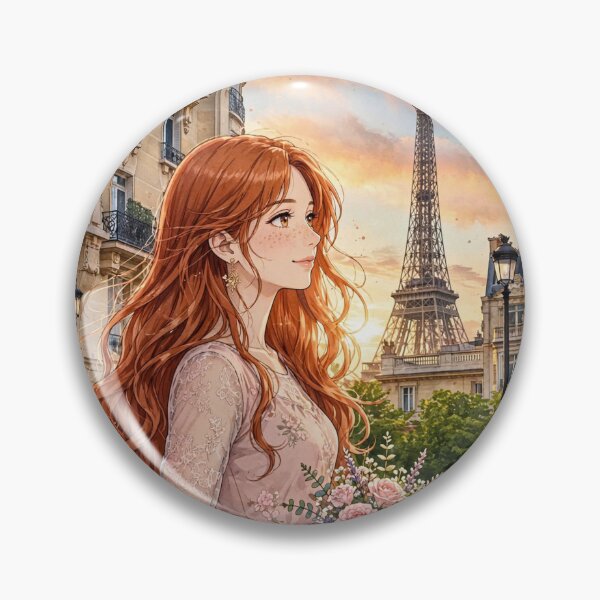 Item preview, France Paris Eiffel Tower with an Enchanting Redhead Traveler in a Romantic Pink Dress, Golden Sunset and Elegant Parisian Cityscape designed and sold by DibujandoPorfa.
