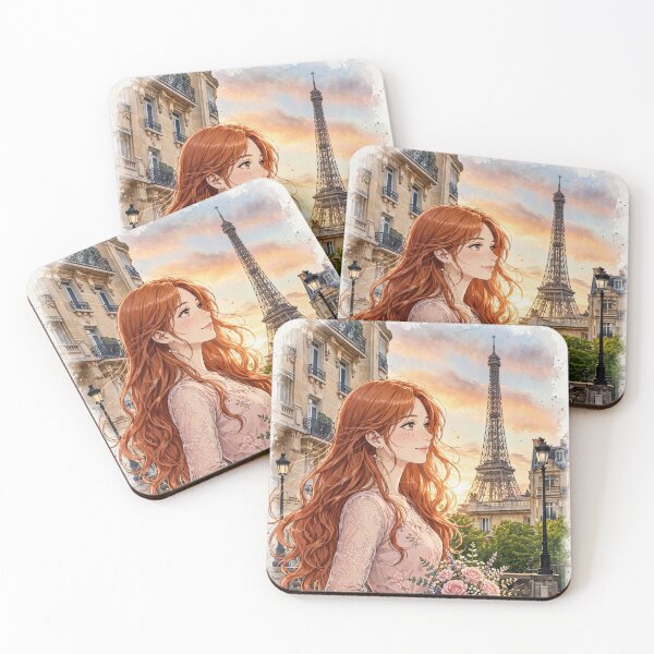 Item preview, France Paris Eiffel Tower with an Enchanting Redhead Traveler in a Romantic Pink Dress, Golden Sunset and Elegant Parisian Cityscape designed and sold by DibujandoPorfa.