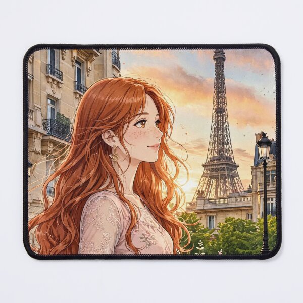 Item preview, France Paris Eiffel Tower with an Enchanting Redhead Traveler in a Romantic Pink Dress, Golden Sunset and Elegant Parisian Cityscape designed and sold by DibujandoPorfa.