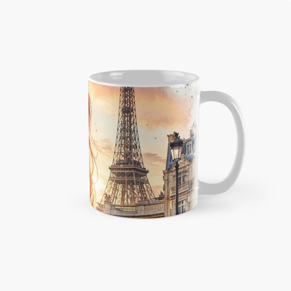 Item preview, France Paris Eiffel Tower with an Enchanting Redhead Traveler in a Romantic Pink Dress, Golden Sunset and Elegant Parisian Cityscape designed and sold by DibujandoPorfa.