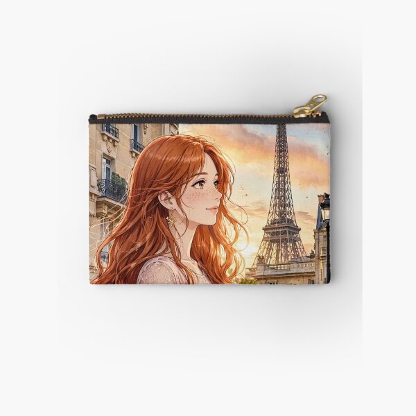 Item preview, France Paris Eiffel Tower with an Enchanting Redhead Traveler in a Romantic Pink Dress, Golden Sunset and Elegant Parisian Cityscape designed and sold by DibujandoPorfa.