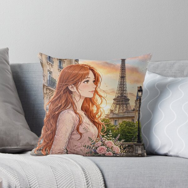 Item preview, France Paris Eiffel Tower with an Enchanting Redhead Traveler in a Romantic Pink Dress, Golden Sunset and Elegant Parisian Cityscape designed and sold by DibujandoPorfa.