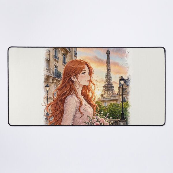 Item preview, France Paris Eiffel Tower with an Enchanting Redhead Traveler in a Romantic Pink Dress, Golden Sunset and Elegant Parisian Cityscape designed and sold by DibujandoPorfa.