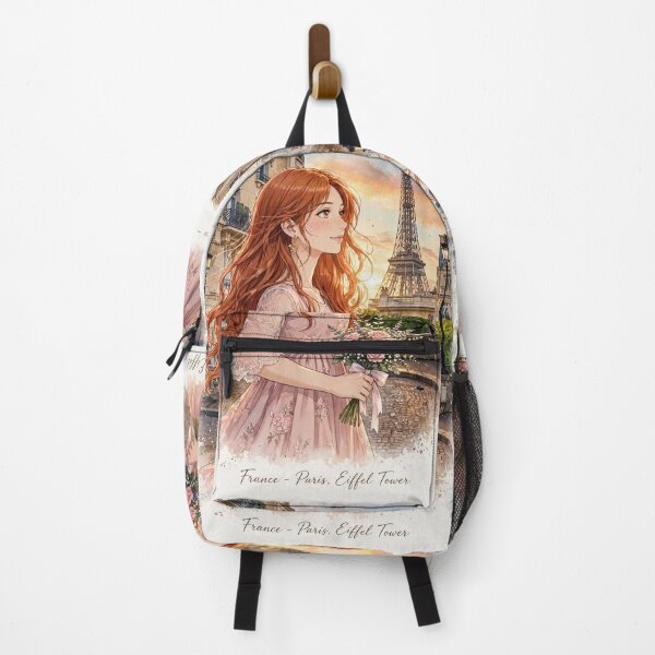 Item preview, France Paris Eiffel Tower with an Enchanting Redhead Traveler in a Romantic Pink Dress, Golden Sunset and Elegant Parisian Cityscape designed and sold by DibujandoPorfa.