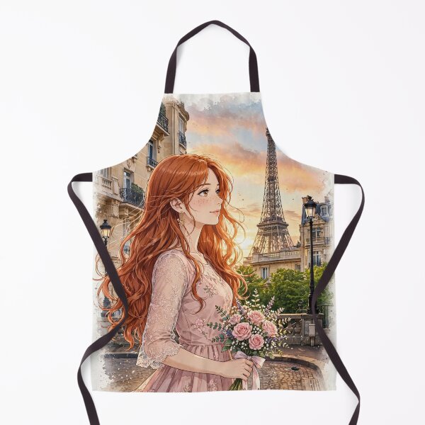 Item preview, France Paris Eiffel Tower with an Enchanting Redhead Traveler in a Romantic Pink Dress, Golden Sunset and Elegant Parisian Cityscape designed and sold by DibujandoPorfa.