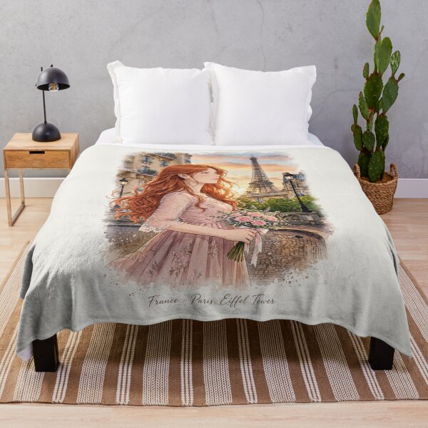 Item preview, France Paris Eiffel Tower with an Enchanting Redhead Traveler in a Romantic Pink Dress, Golden Sunset and Elegant Parisian Cityscape designed and sold by DibujandoPorfa.