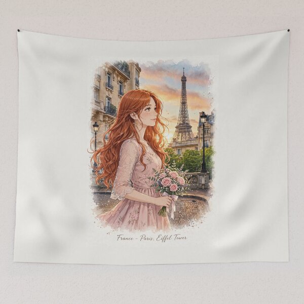 Item preview, France Paris Eiffel Tower with an Enchanting Redhead Traveler in a Romantic Pink Dress, Golden Sunset and Elegant Parisian Cityscape designed and sold by DibujandoPorfa.