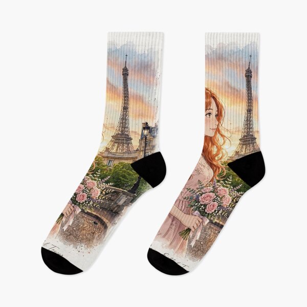 Item preview, France Paris Eiffel Tower with an Enchanting Redhead Traveler in a Romantic Pink Dress, Golden Sunset and Elegant Parisian Cityscape designed and sold by DibujandoPorfa.