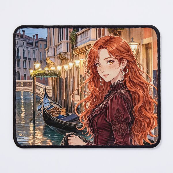 Item preview, Italy Venice Grand Canal with a Beautiful Redhead Traveler in an Elegant Burgundy Dress, Romantic Gondolas and Magical Evening Cityscape designed and sold by DibujandoPorfa.