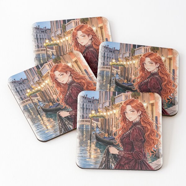 Item preview, Italy Venice Grand Canal with a Beautiful Redhead Traveler in an Elegant Burgundy Dress, Romantic Gondolas and Magical Evening Cityscape designed and sold by DibujandoPorfa.