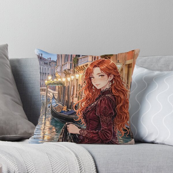 Item preview, Italy Venice Grand Canal with a Beautiful Redhead Traveler in an Elegant Burgundy Dress, Romantic Gondolas and Magical Evening Cityscape designed and sold by DibujandoPorfa.