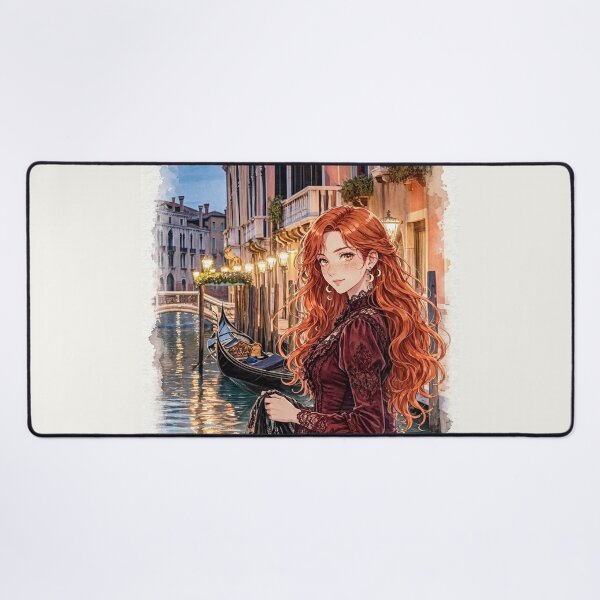 Item preview, Italy Venice Grand Canal with a Beautiful Redhead Traveler in an Elegant Burgundy Dress, Romantic Gondolas and Magical Evening Cityscape designed and sold by DibujandoPorfa.
