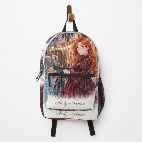 Item preview, Italy Venice Grand Canal with a Beautiful Redhead Traveler in an Elegant Burgundy Dress, Romantic Gondolas and Magical Evening Cityscape designed and sold by DibujandoPorfa.