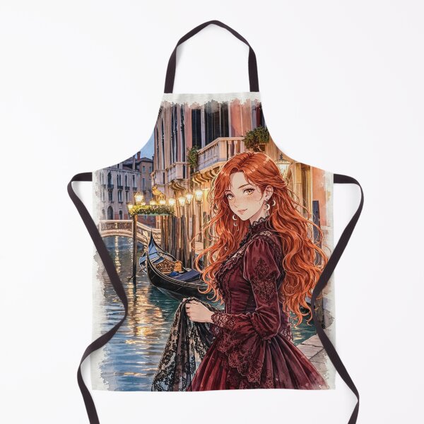Item preview, Italy Venice Grand Canal with a Beautiful Redhead Traveler in an Elegant Burgundy Dress, Romantic Gondolas and Magical Evening Cityscape designed and sold by DibujandoPorfa.