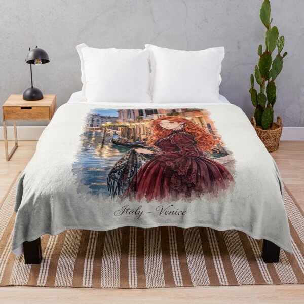 Item preview, Italy Venice Grand Canal with a Beautiful Redhead Traveler in an Elegant Burgundy Dress, Romantic Gondolas and Magical Evening Cityscape designed and sold by DibujandoPorfa.
