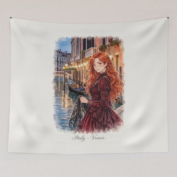Item preview, Italy Venice Grand Canal with a Beautiful Redhead Traveler in an Elegant Burgundy Dress, Romantic Gondolas and Magical Evening Cityscape designed and sold by DibujandoPorfa.