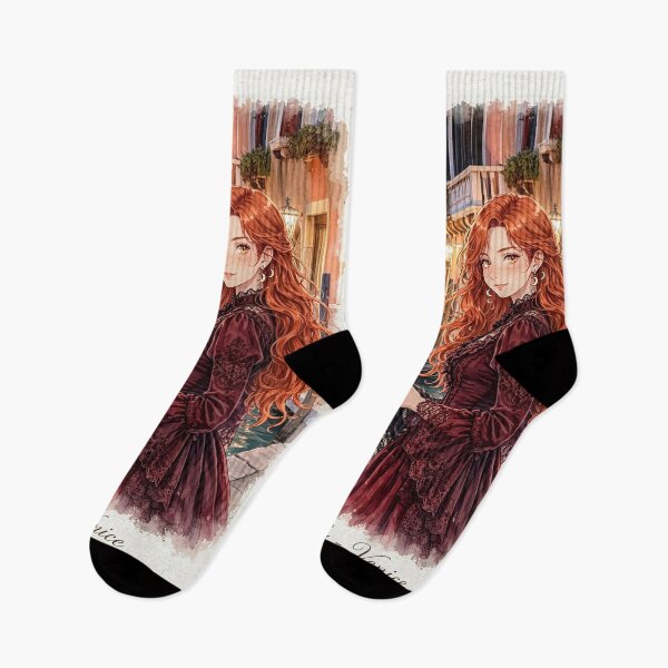 Item preview, Italy Venice Grand Canal with a Beautiful Redhead Traveler in an Elegant Burgundy Dress, Romantic Gondolas and Magical Evening Cityscape designed and sold by DibujandoPorfa.