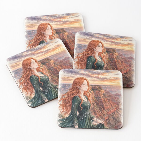 Item preview, United States Grand Canyon with a Graceful Redhead Traveler in an Elegant Emerald Dress, Dramatic Cliffs and Breathtaking Sunset Landscape designed and sold by DibujandoPorfa.
